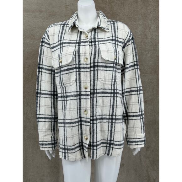 American Eagle Top Womens Medium Cream Plaid Soft Flannel Shacket Lumber Jane - Picture 1 of 11